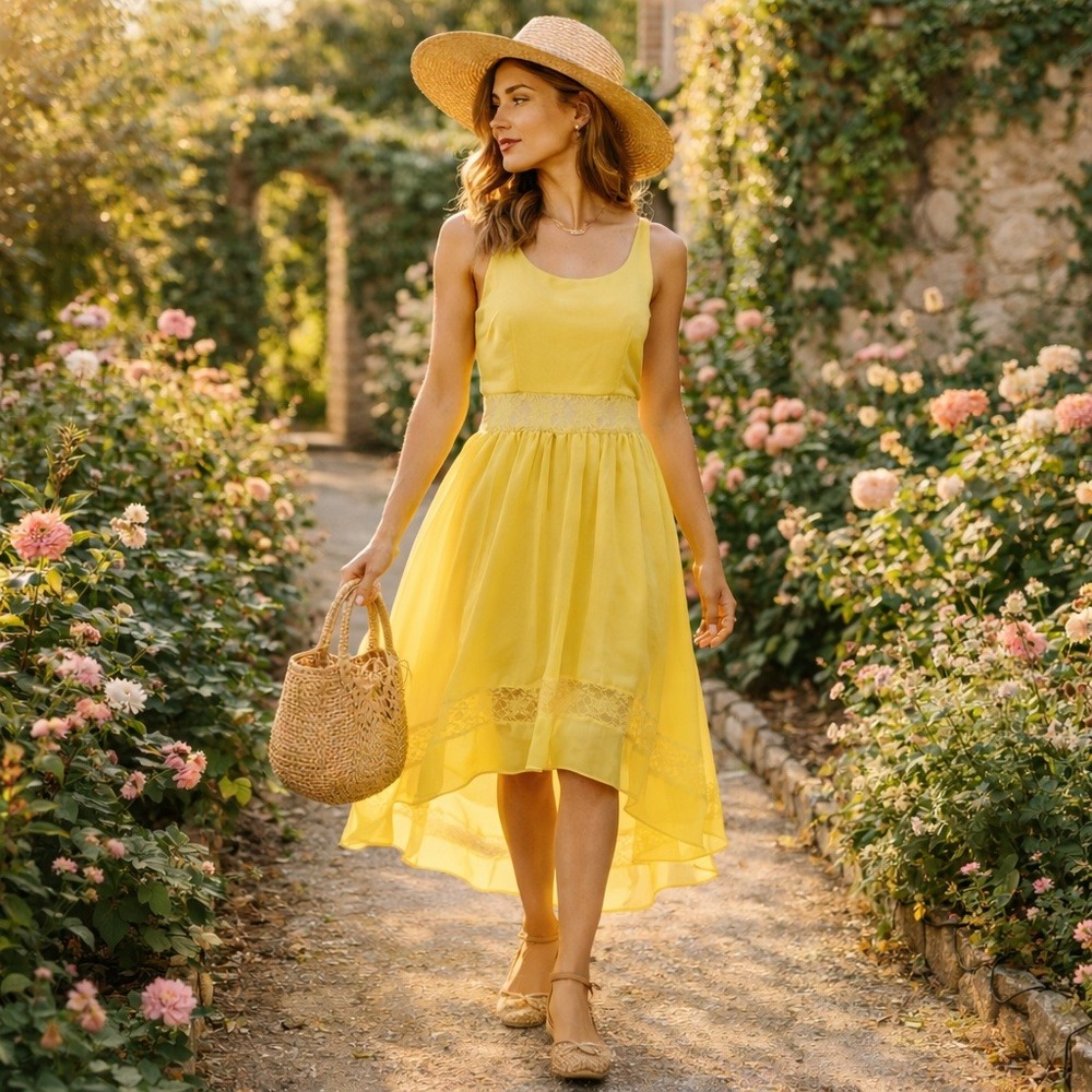 Yellow Sleeveless High-Low Chiffon Dress with Lace Waist and Hem Detail